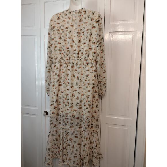 SPLASH Floral Dots Sheer Long Sleeves Ruffle Dress Ivory Green Orange Lined 14 - Picture 12 of 15